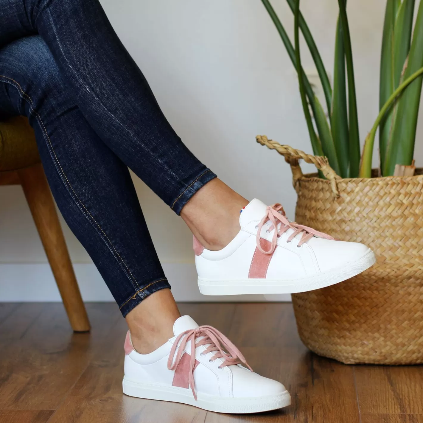 Baskets-JULES & JENN Baskets Made In France Cuir Rose Blanc/Rose