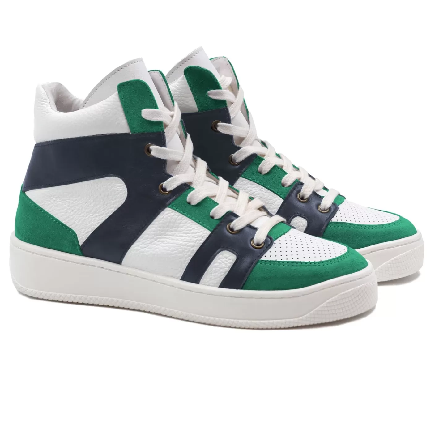 Baskets-JULES & JENN Baskets Montantes Cuir Blanc Bleu Blanc/Bleu/Vert