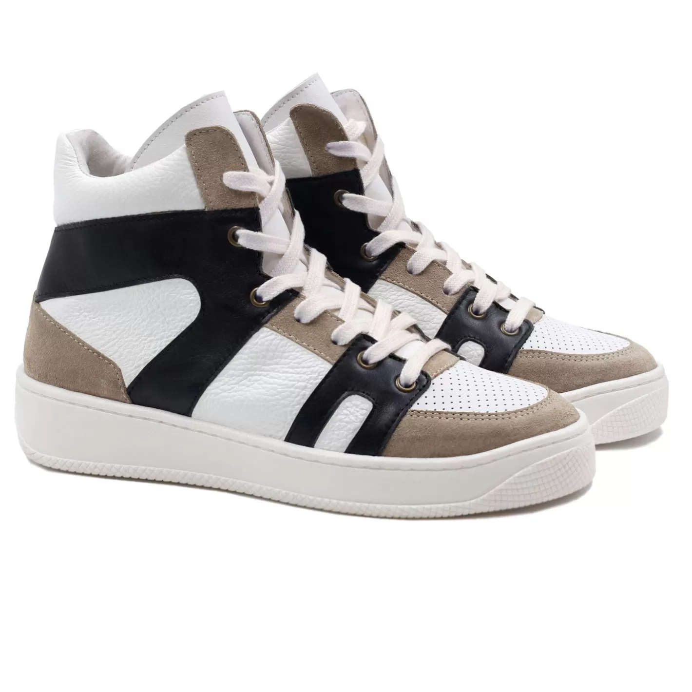 Baskets-JULES & JENN Baskets Montantes Cuir Blanc Noir Blanc/Noir/Camel