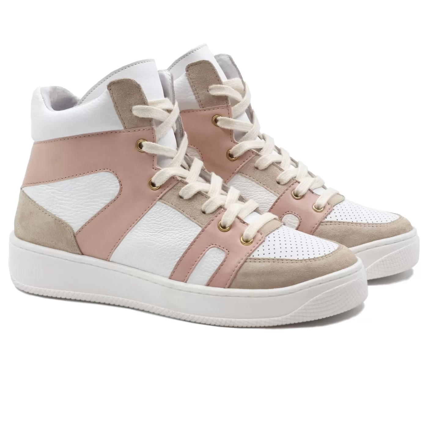 Baskets-JULES & JENN Baskets Montantes Cuir Blanc Rose Blanc/Rose/Beige