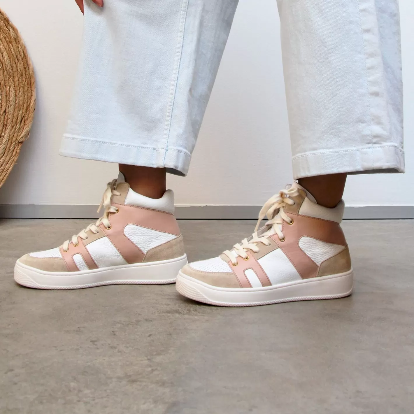 Baskets-JULES & JENN Baskets Montantes Cuir Blanc Rose Blanc/Rose/Beige