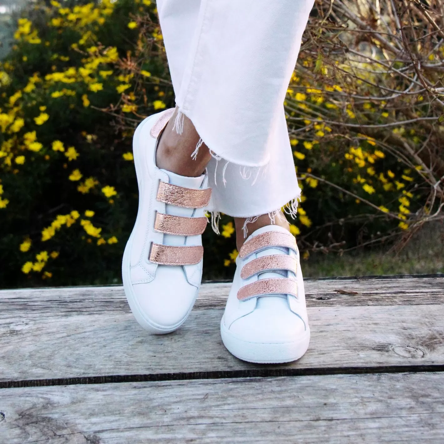 Baskets-JULES & JENN Baskets Scratch Cuir Blanc Rose Blanc/Rose