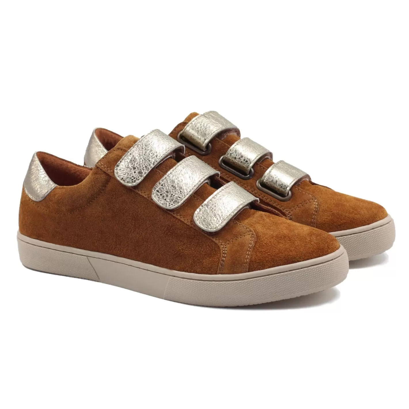 Baskets-JULES & JENN Baskets Scratch Cuir Daim Cognac Dore Cognac/Dore