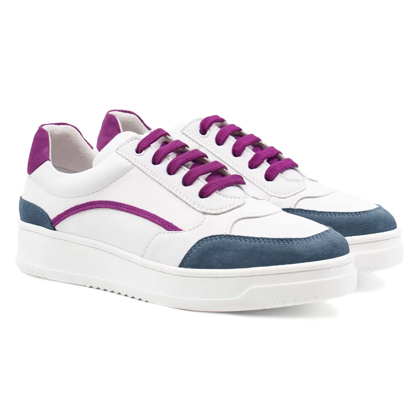 Baskets-JULES & JENN Baskets Vintage Cuir Blanc Mauve Blanc/Mauve