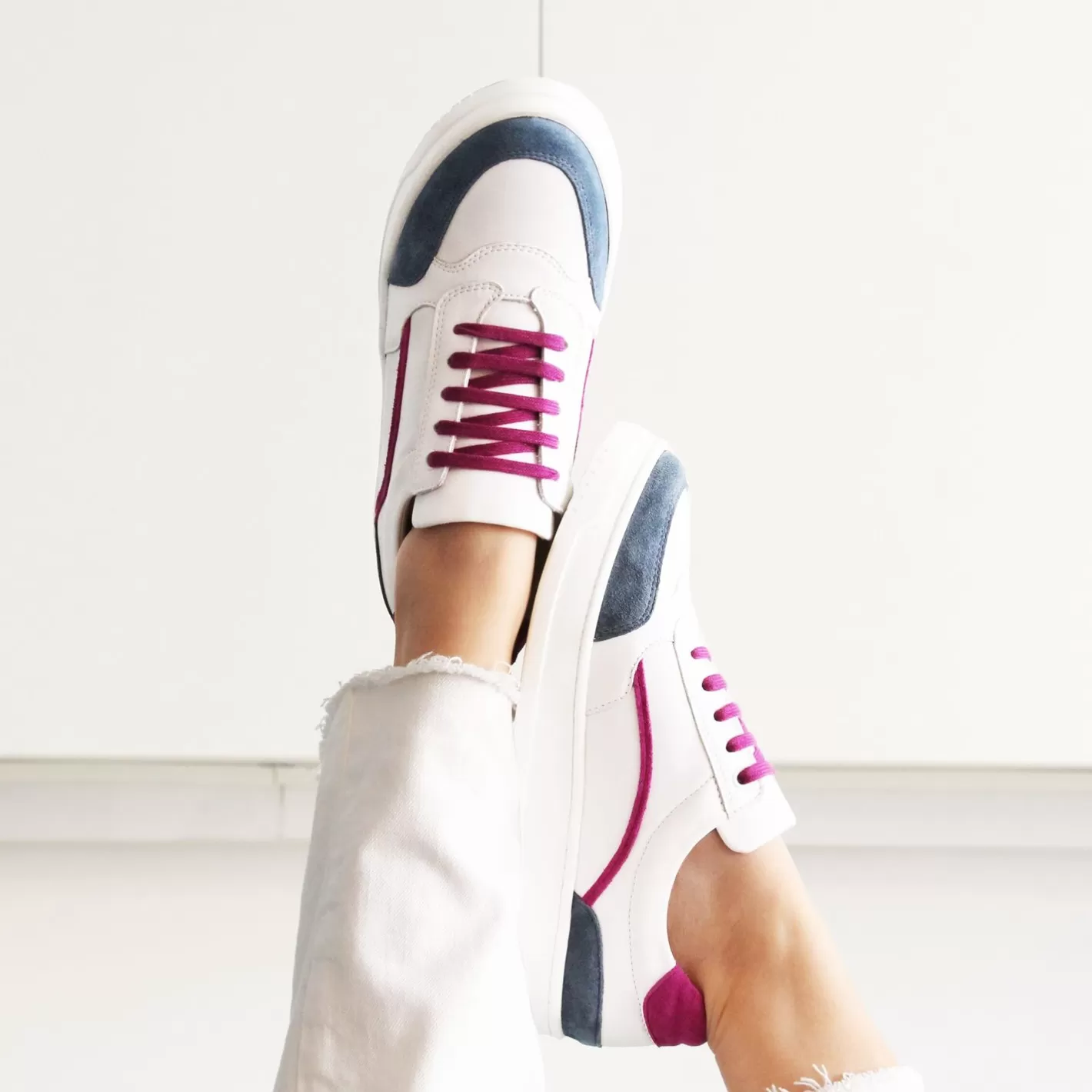 Baskets-JULES & JENN Baskets Vintage Cuir Blanc Mauve Blanc/Mauve