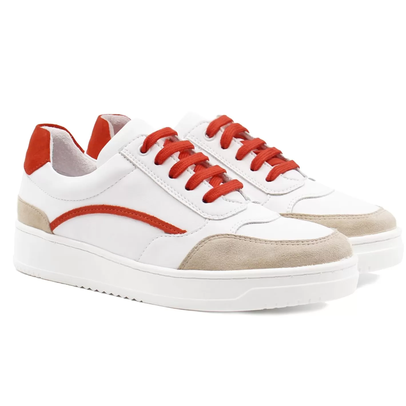 Baskets-JULES & JENN Baskets Vintage Cuir Blanc Orange Blanc/Orange