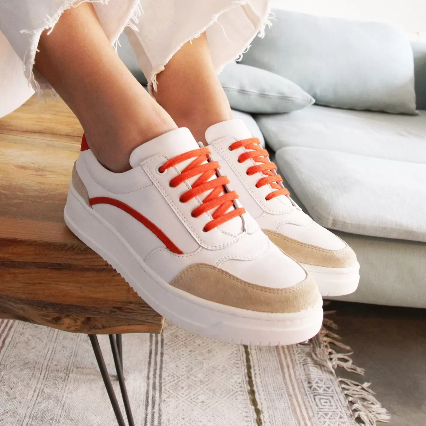 Baskets-JULES & JENN Baskets Vintage Cuir Blanc Orange Blanc/Orange