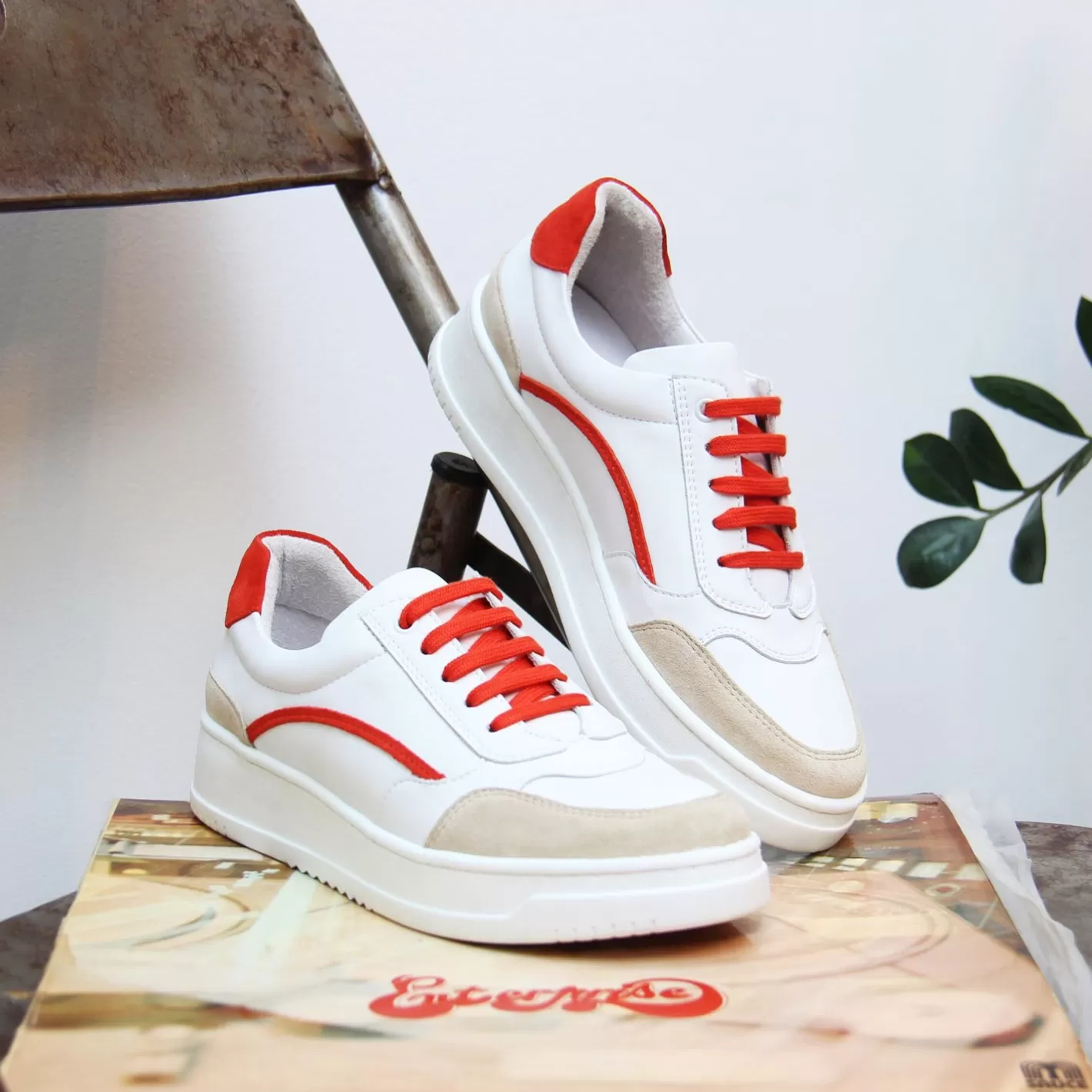 Baskets-JULES & JENN Baskets Vintage Cuir Blanc Orange Blanc/Orange
