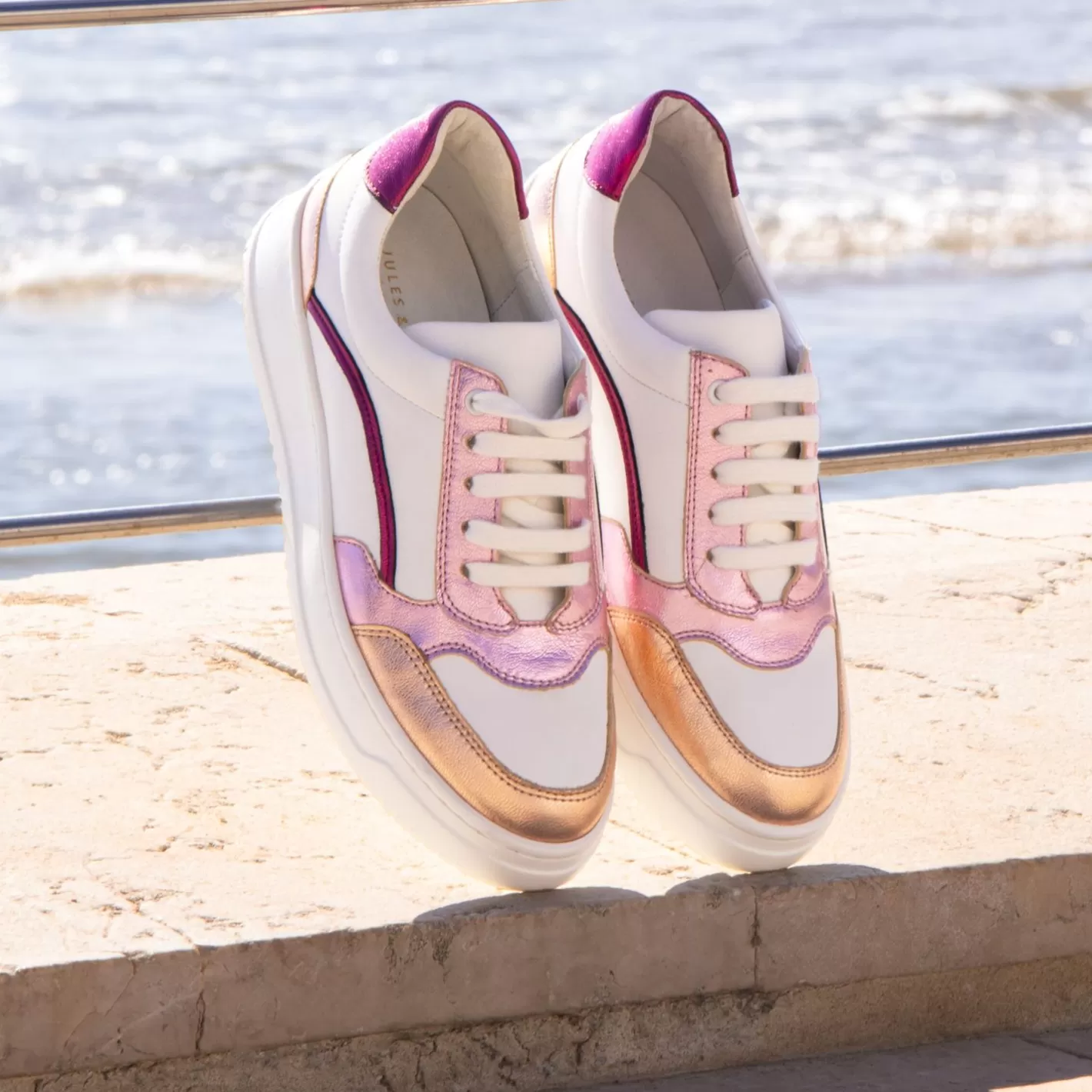 Baskets-JULES & JENN Baskets Vintage Cuir Blanc Rose Blanc/Rose