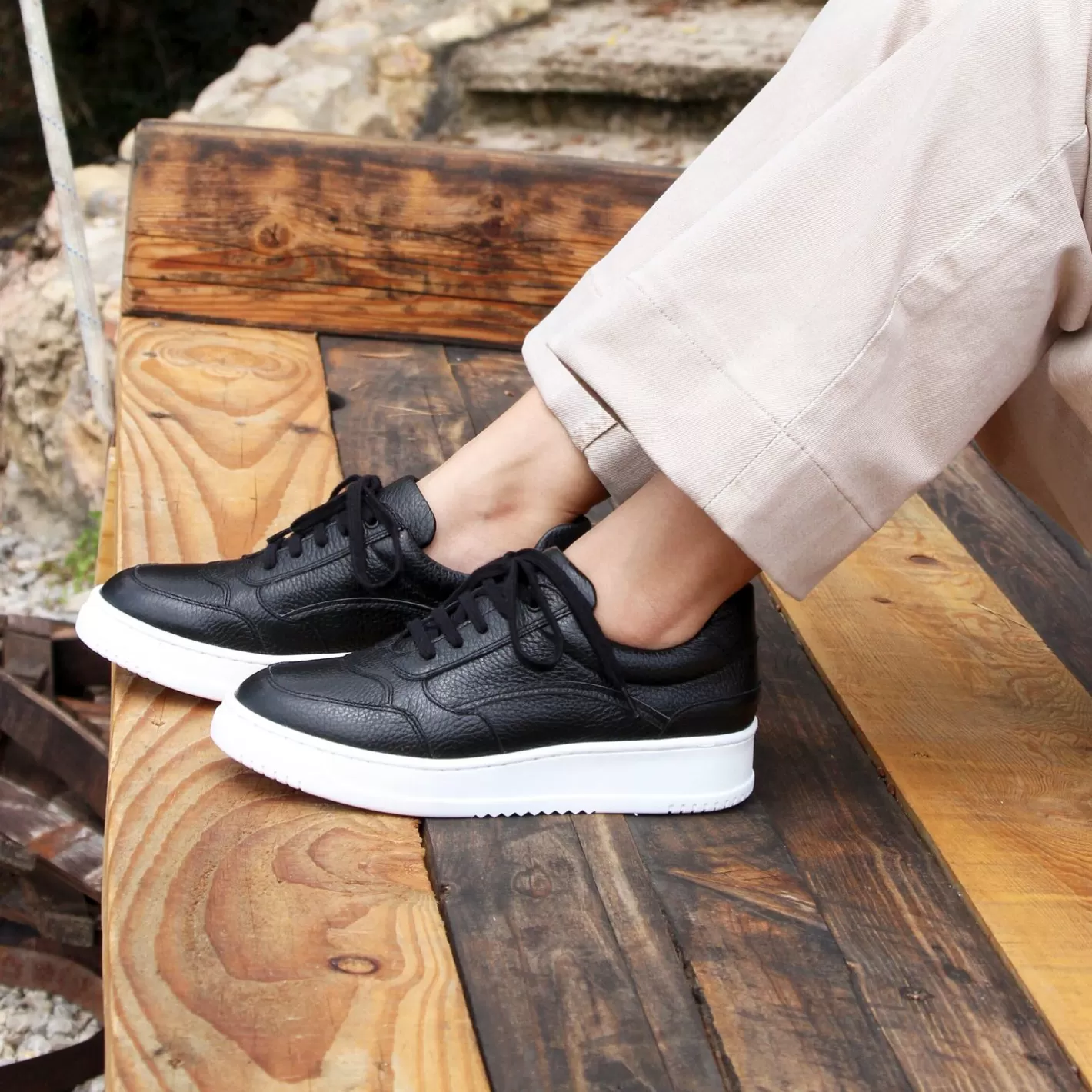 Baskets-JULES & JENN Baskets Vintage Cuir Graine Noir