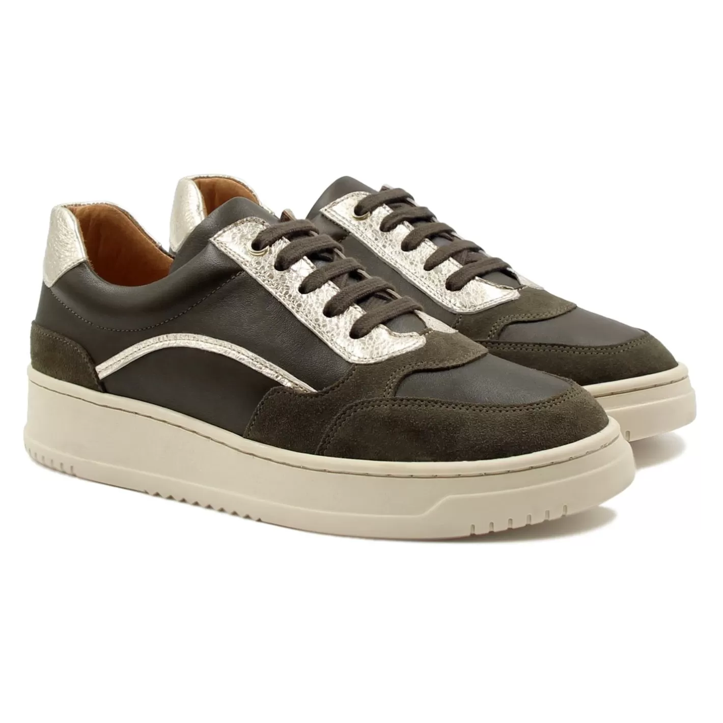 Baskets-JULES & JENN Baskets Vintage Cuir Kaki Dore Kaki/Dore