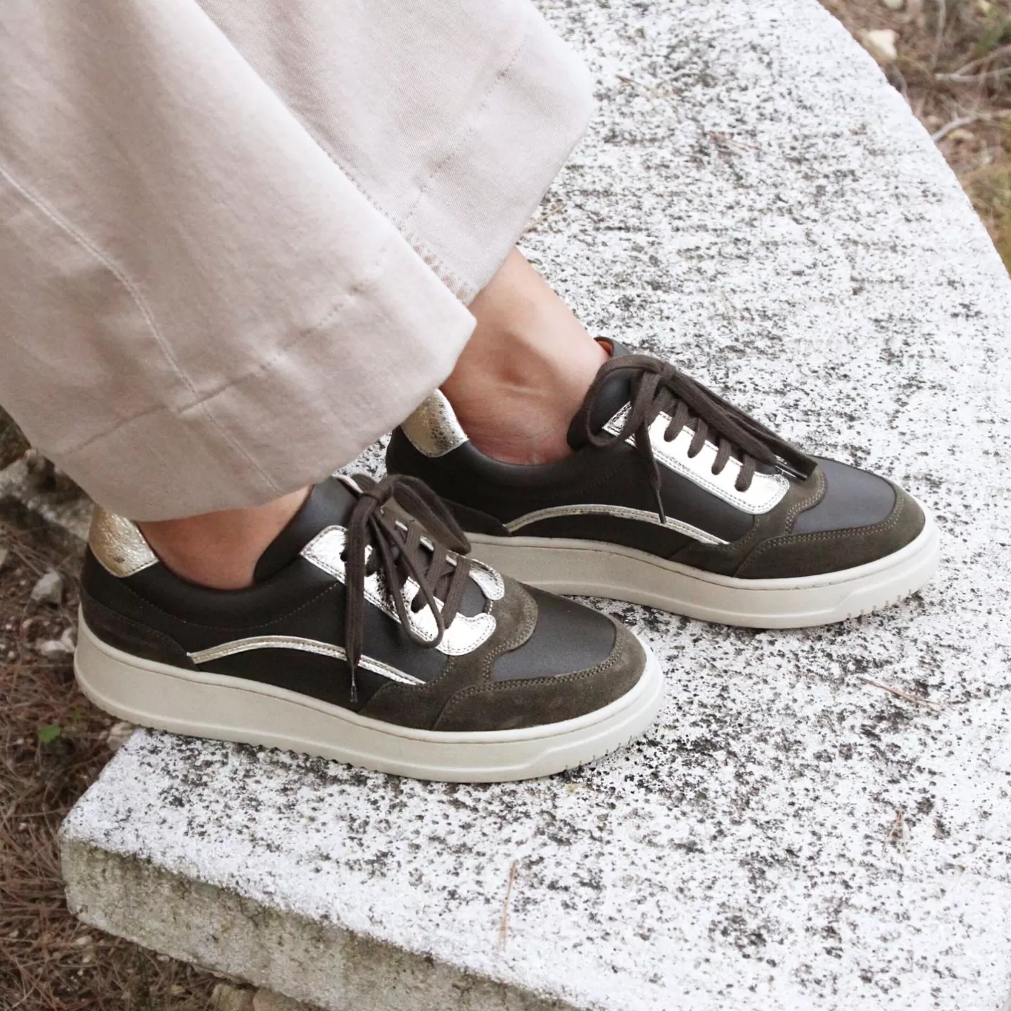 Baskets-JULES & JENN Baskets Vintage Cuir Kaki Dore Kaki/Dore