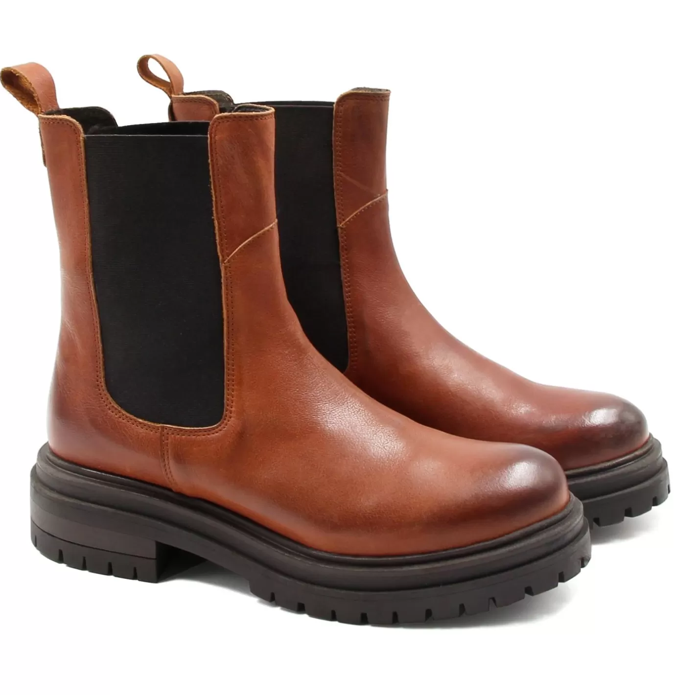 Bottines & Bottes-JULES & JENN Bottines Chelsea Crantees Cuir Cognac