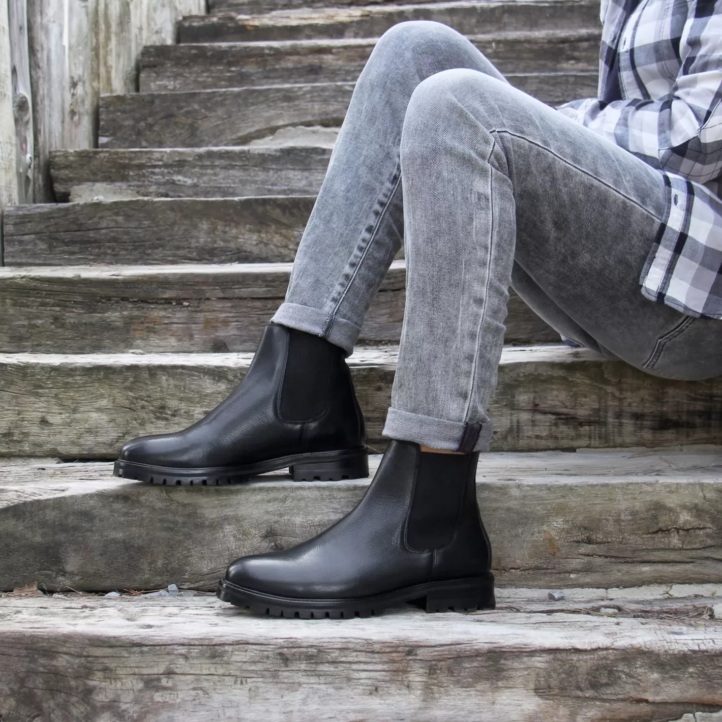 Boots-JULES & JENN Chelsea Boots Crantees Cuir Noir
