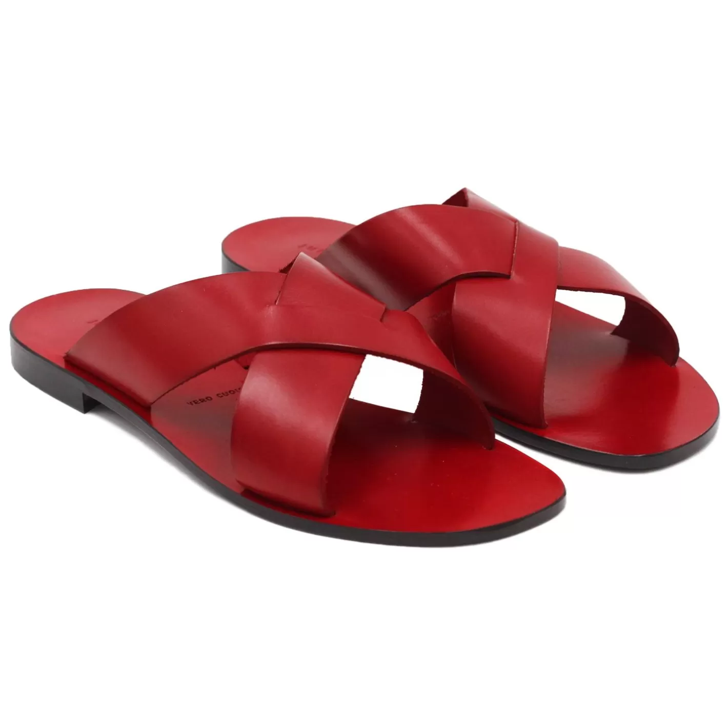 Sandales-JULES & JENN Mules Plates Cuir Rouge