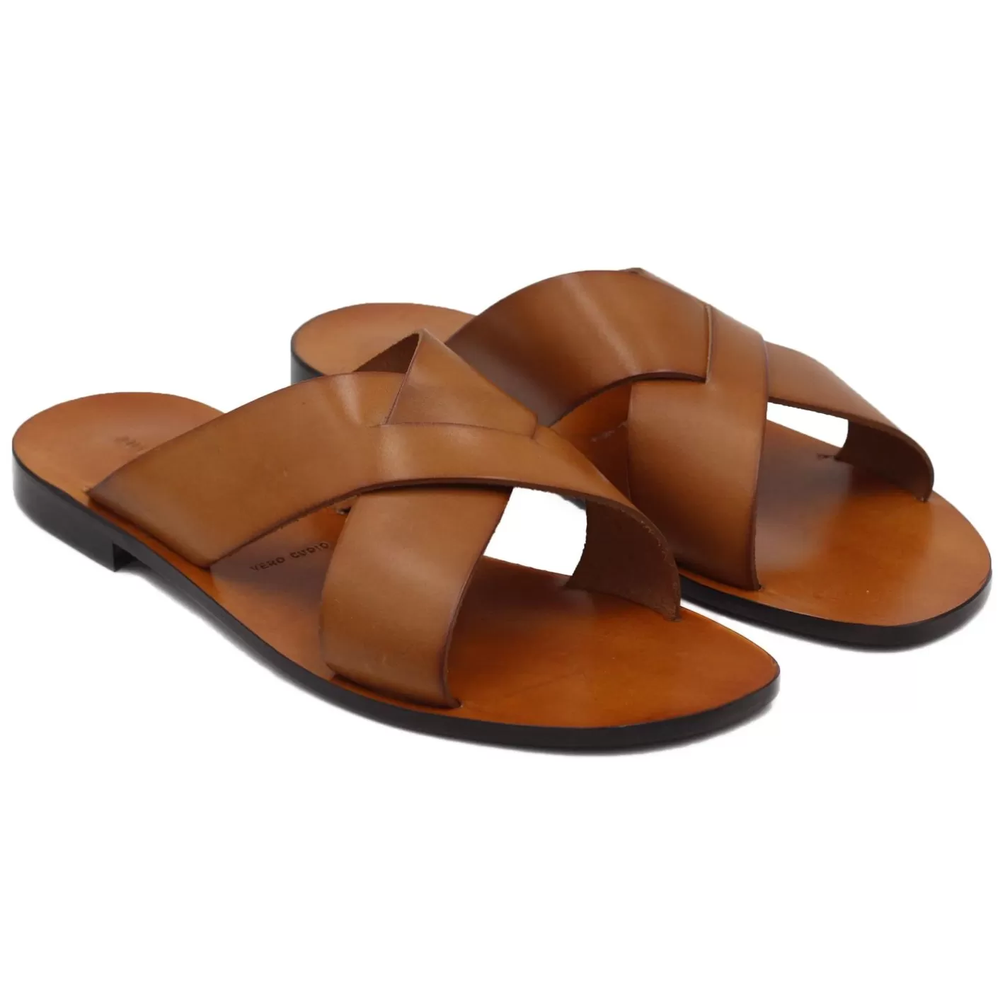 Sandales-JULES & JENN Mules Plates Cuir Camel