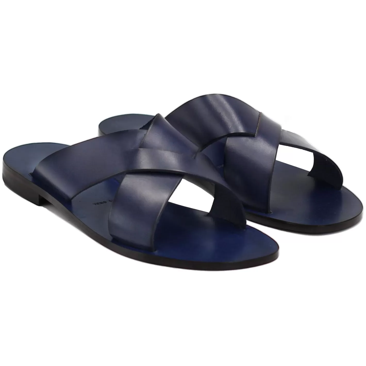 Sandales-JULES & JENN Mules Plates Cuir Bleu Bleu Marine