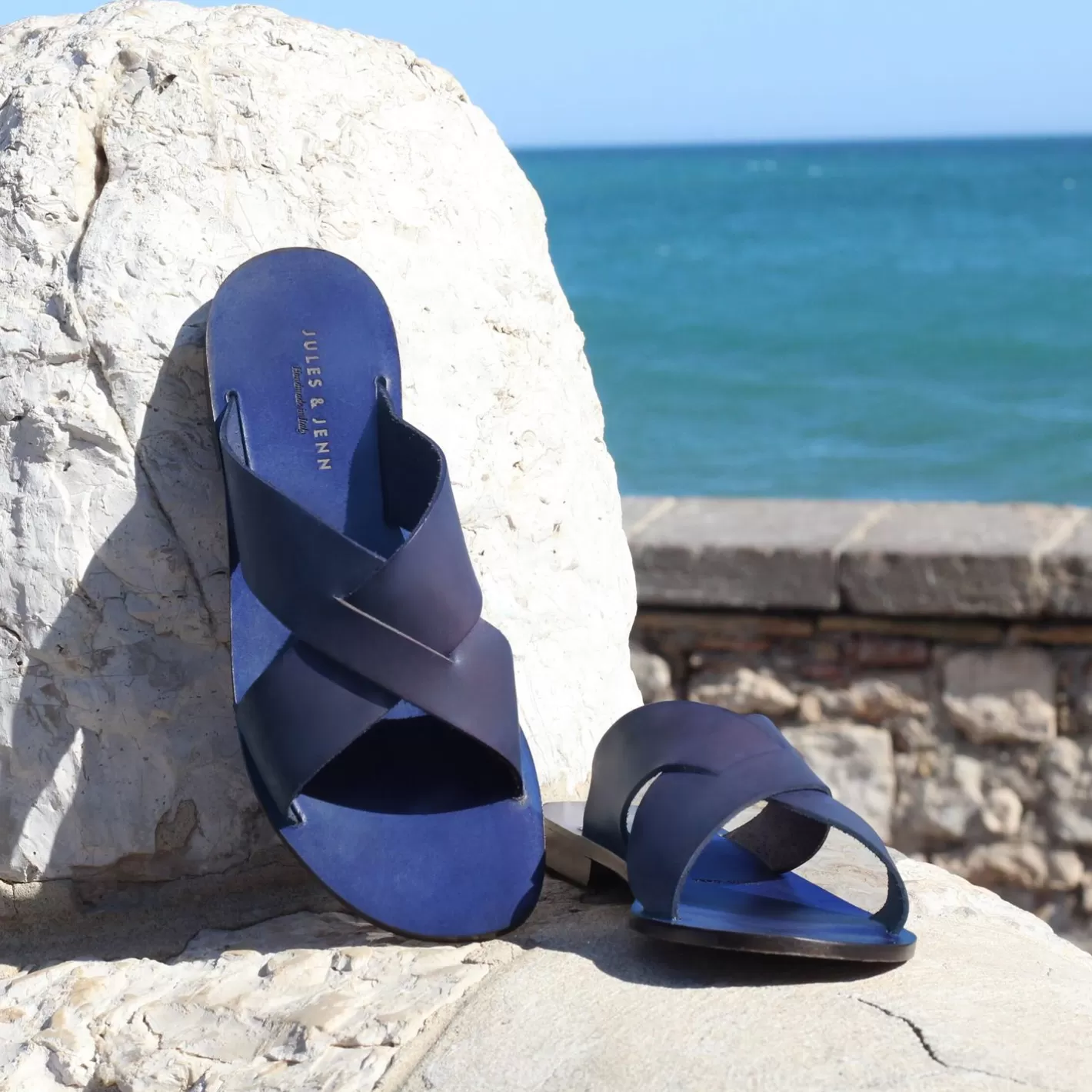 Sandales-JULES & JENN Mules Plates Cuir Bleu Bleu Marine