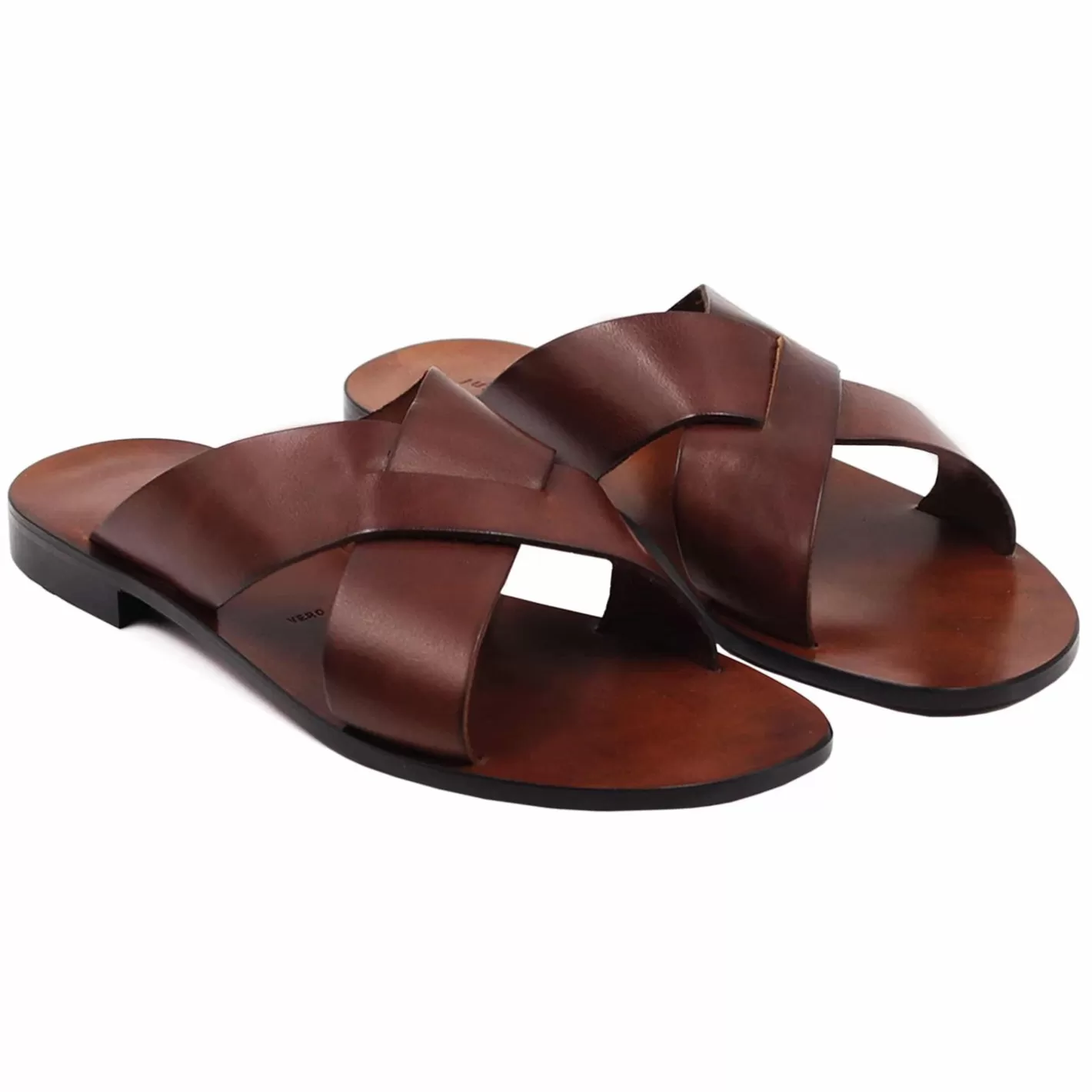 Sandales-JULES & JENN Mules Plates Cuir Marron Cognac