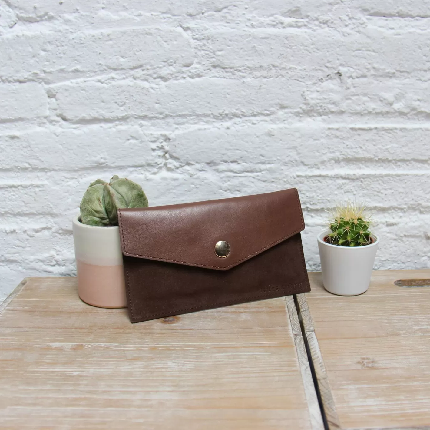 Petite Maroquinerie-JULES & JENN Pochette Enveloppe Cuir Upcycle Marron