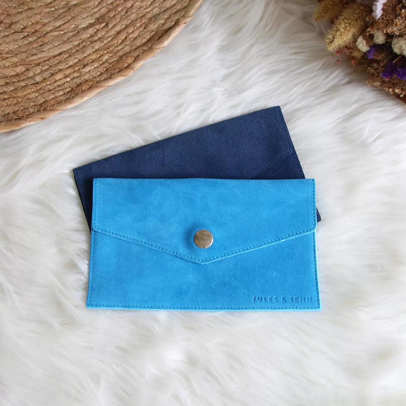 Petite Maroquinerie-JULES & JENN Pochette Enveloppe Cuir Upcycle Bleu Bleu Clair