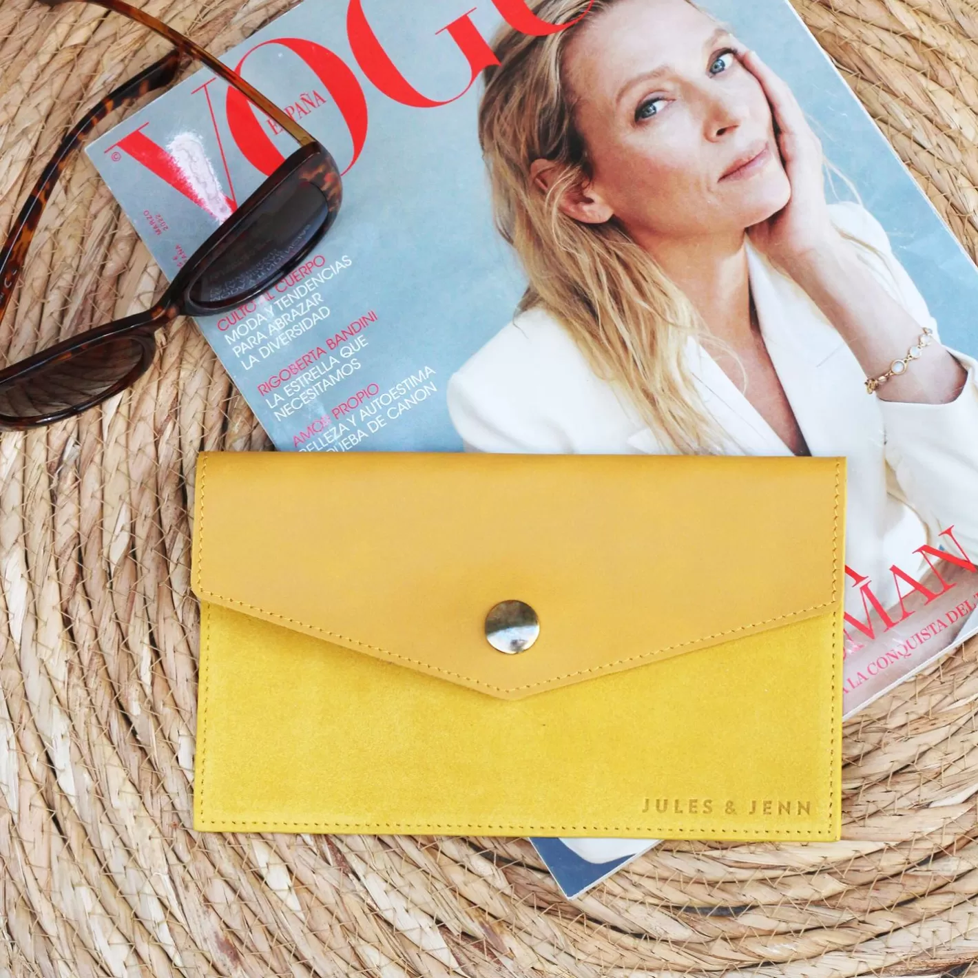 Petite Maroquinerie-JULES & JENN Pochette Enveloppe Cuir Upcycle Jaune Jaune Moutarde