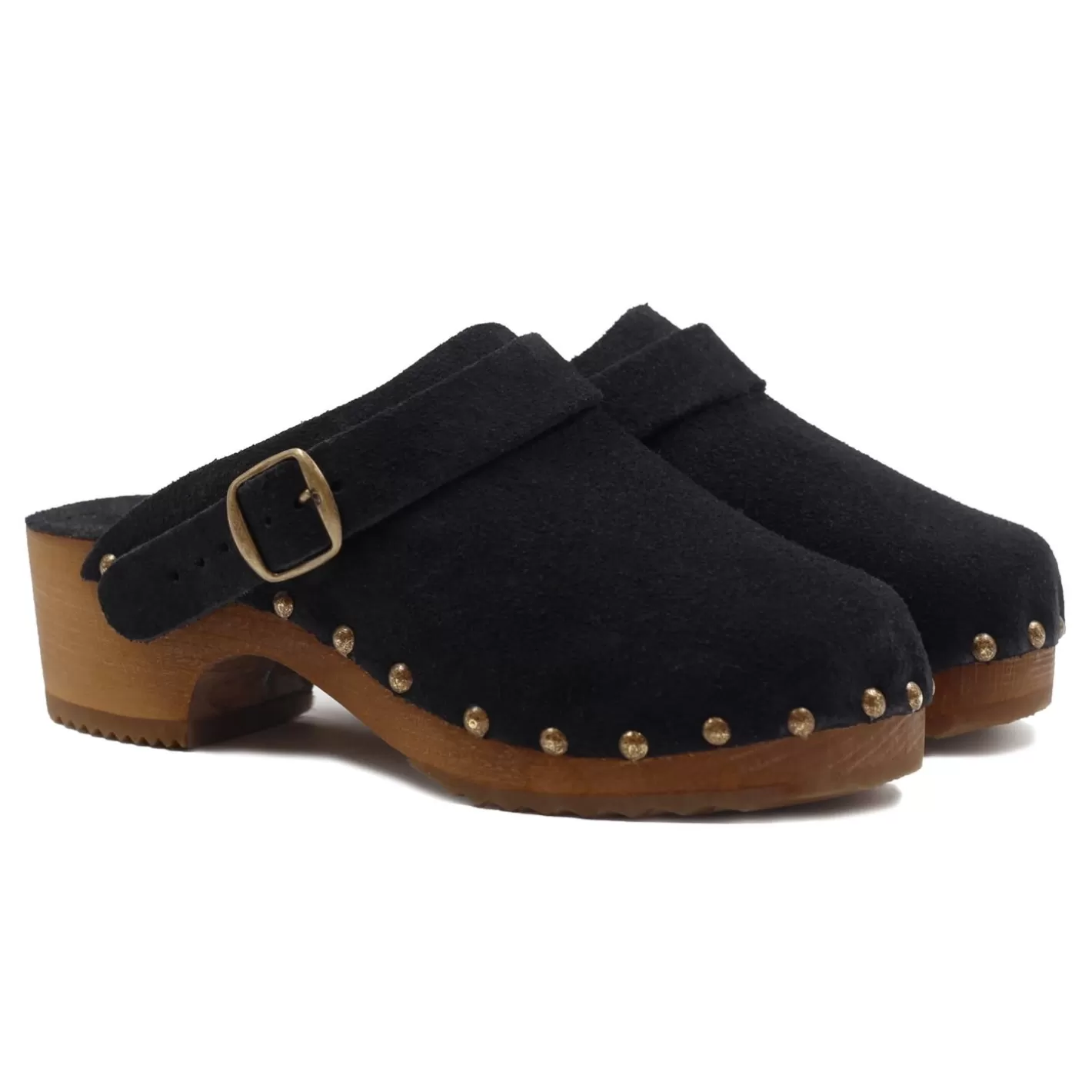 Sandales-JULES & JENN Sabots Bois Brides Cuir Daim Noir