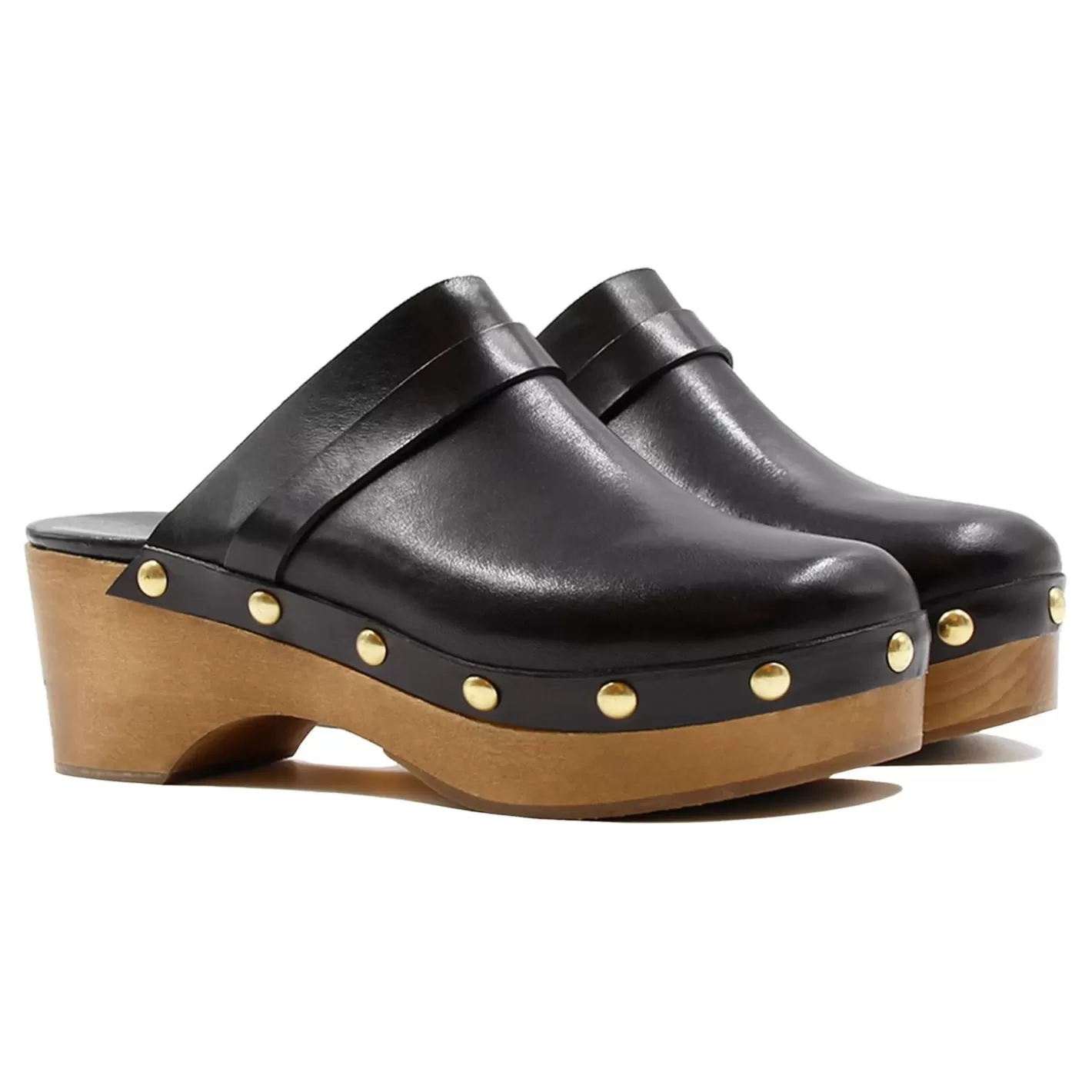 Sandales-JULES & JENN Sabots Bois Clous Cuir Noir
