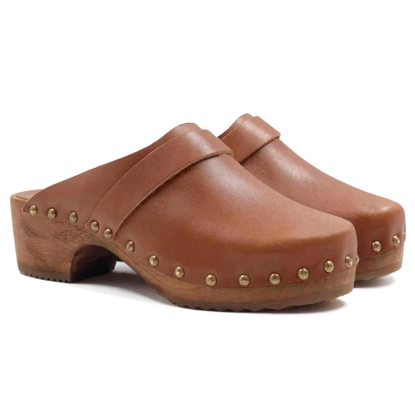 Sandales-JULES & JENN Sabots Bois Cuir Cognac