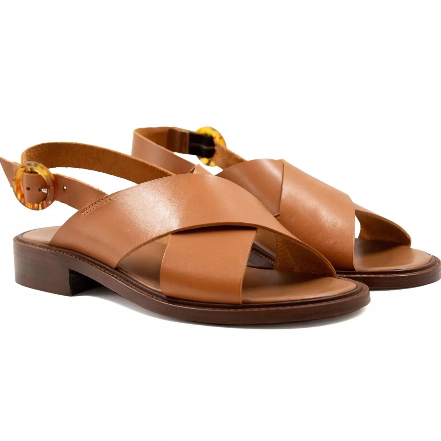 Sandales-JULES & JENN Sandales Boucle Ecaille Cuir Cognac