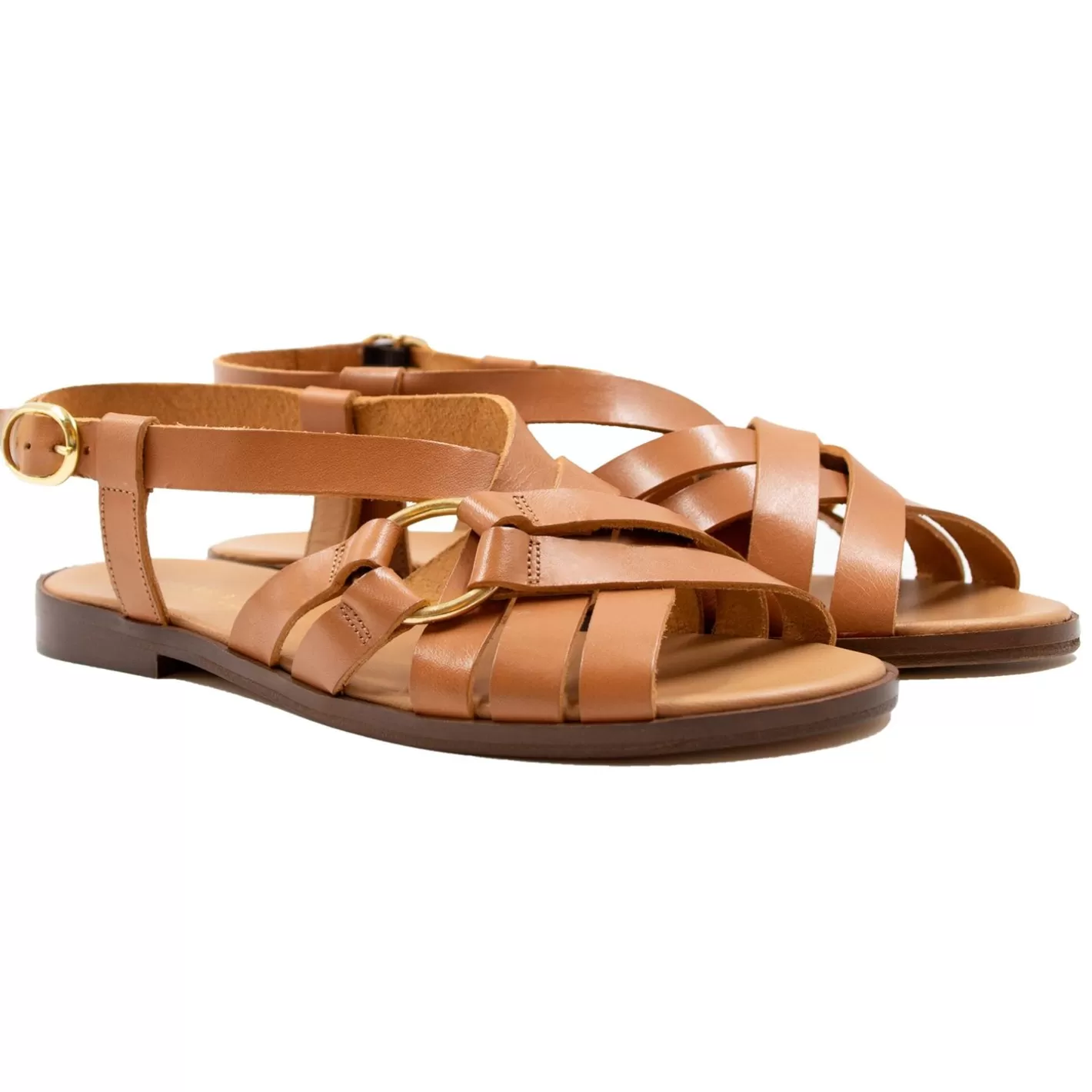 Sandales-JULES & JENN Sandales Plates Anneau Cuir Cognac