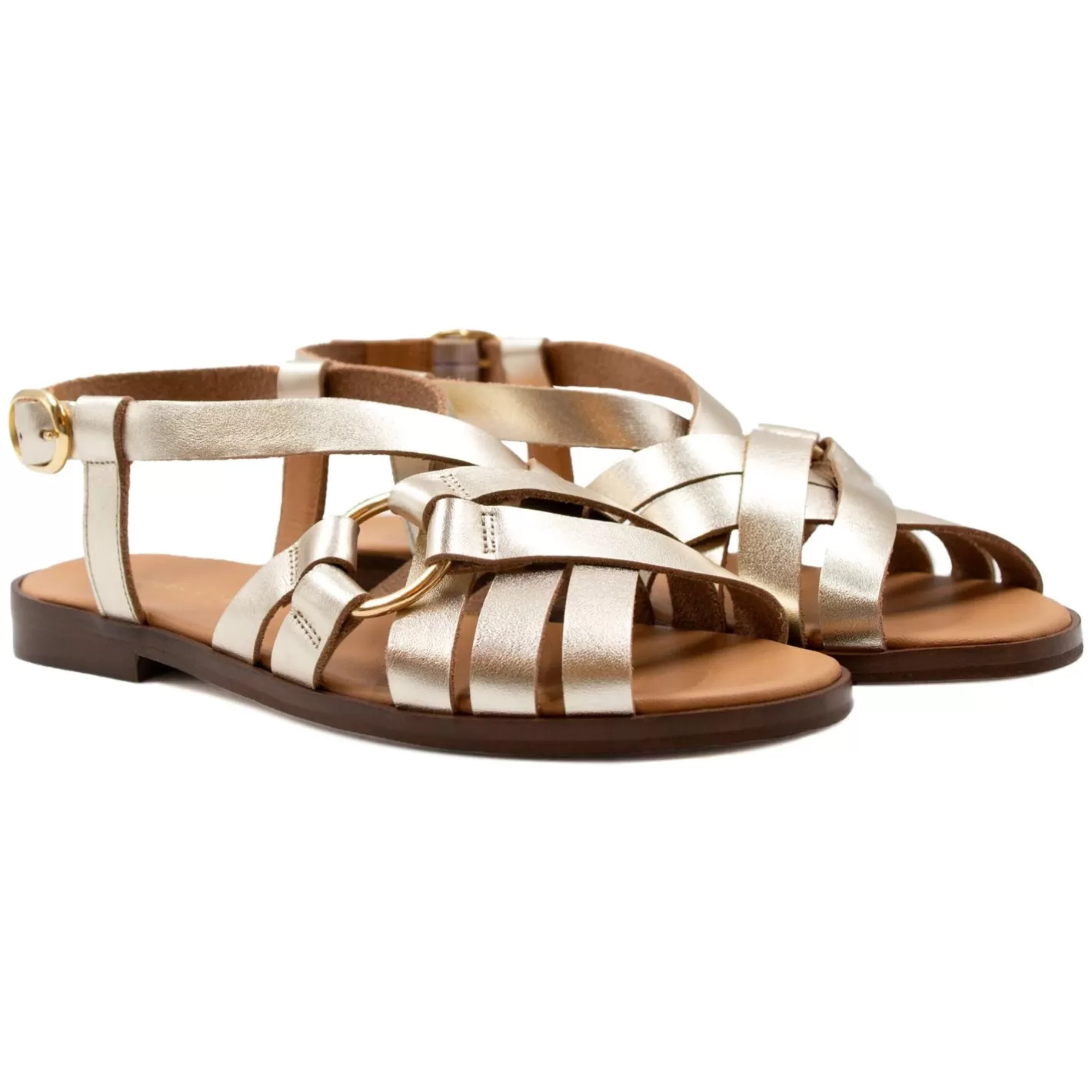 Sandales-JULES & JENN Sandales Plates Anneau Cuir Dore