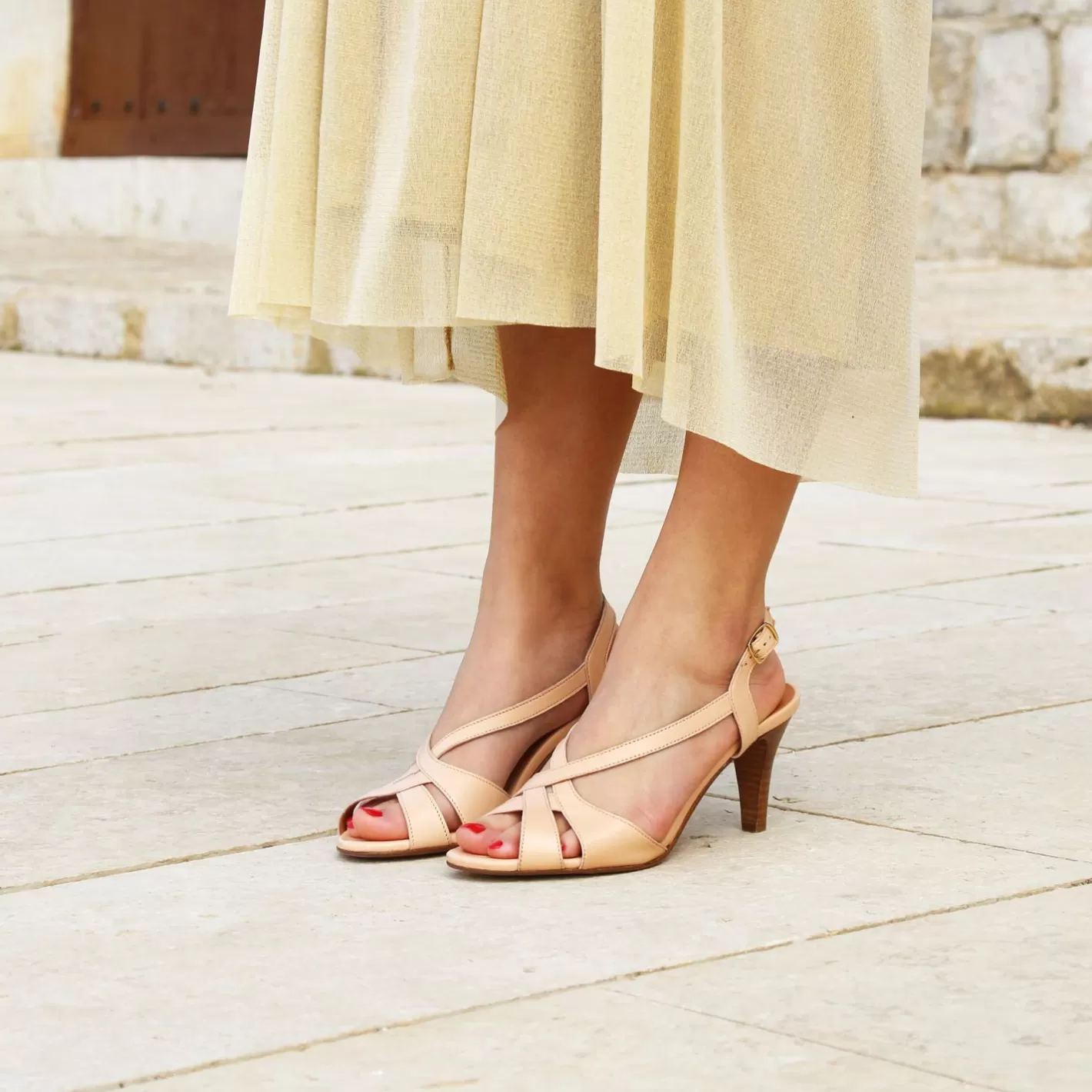Sandales-JULES & JENN Sandales Talon Vintage Cuir Rose